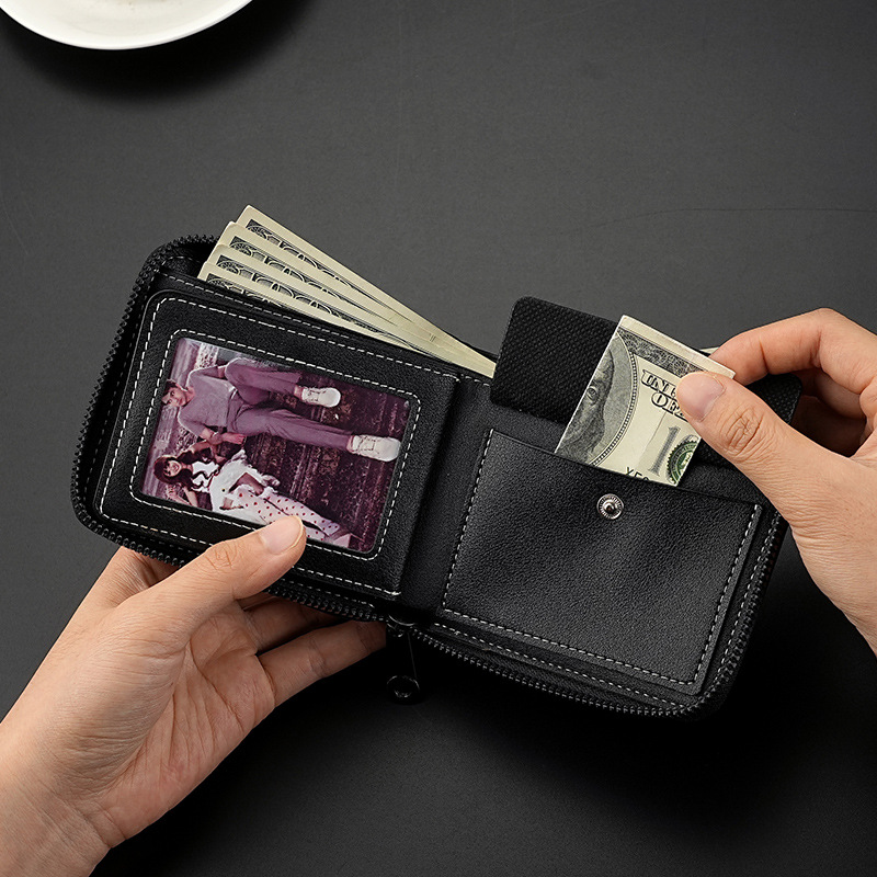 New men's wallet, fashionable and retro, large-capacity wallet, zipper bag, coin purse, men's short chain wallet Specification drawing