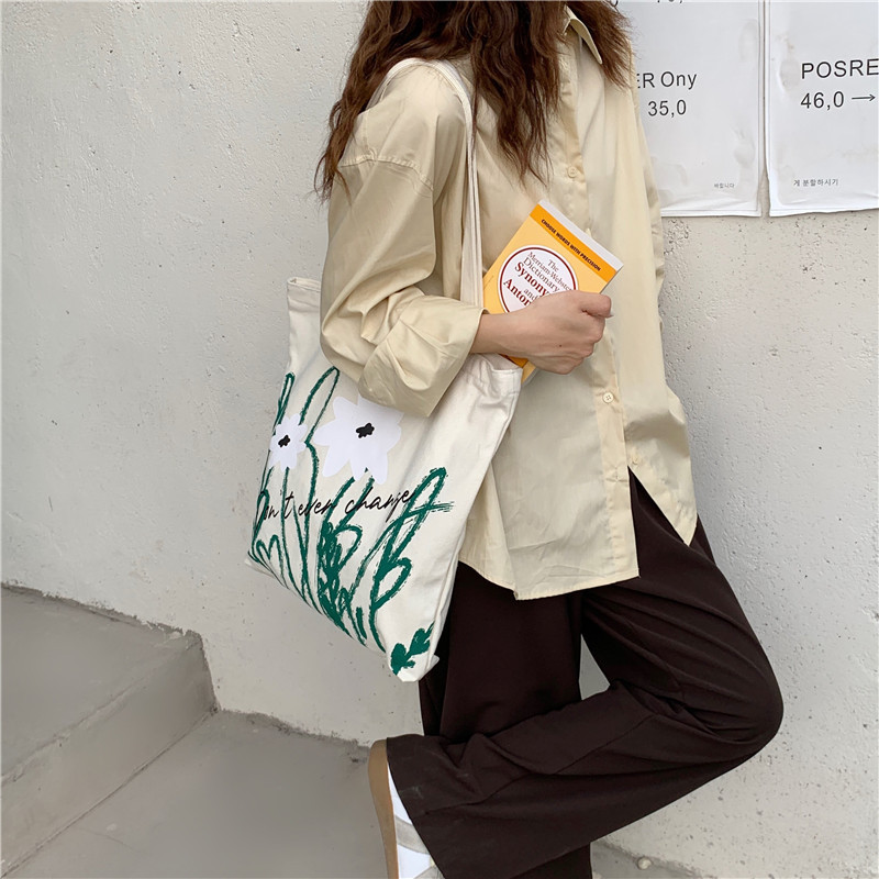 19142 Japanese chamomile printed single-shoulder bag, simple and cute tote bag for girls and students, large capacity canvas bag Specification drawing