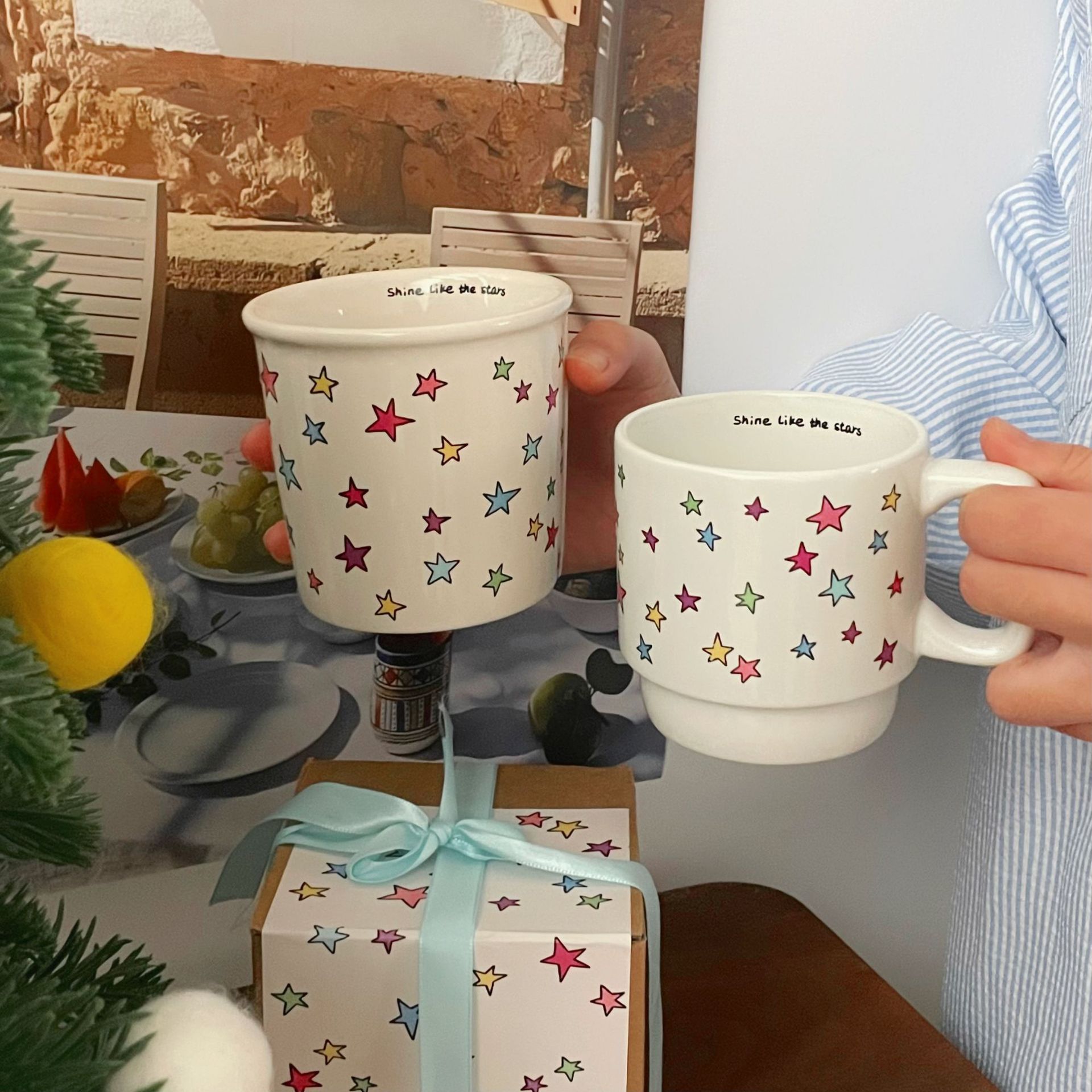 Original colorful star mugs, Instagram cute handle cups, ceramic cups, coffee cups as gifts, water cups full figure