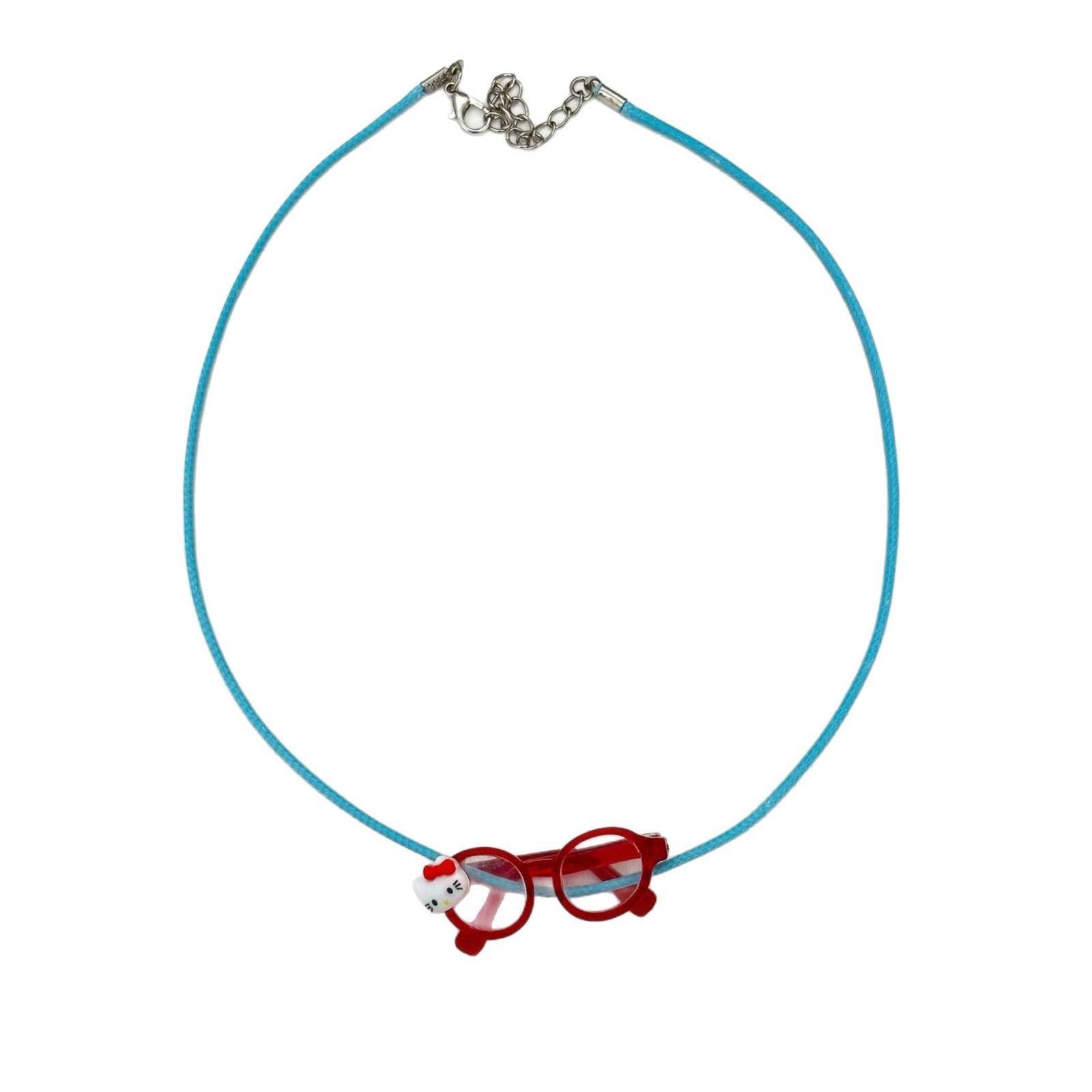 The same style necklace as Xiaohongshu, cute cat, red-framed glasses, pendant, sky-blue rope necklace, a childlike and fun decoration Item Picture