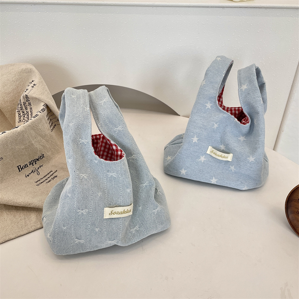 5461 Cute new denim handbag for portable storage when going out, a color-matched red checkered hand-held small bag details Picture