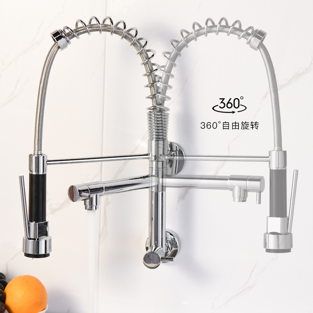 Cross-border wall-mounted single-rod kitchen sink faucet, commercial style chrome-plated single handle pull-down kitchen faucet Specification drawing