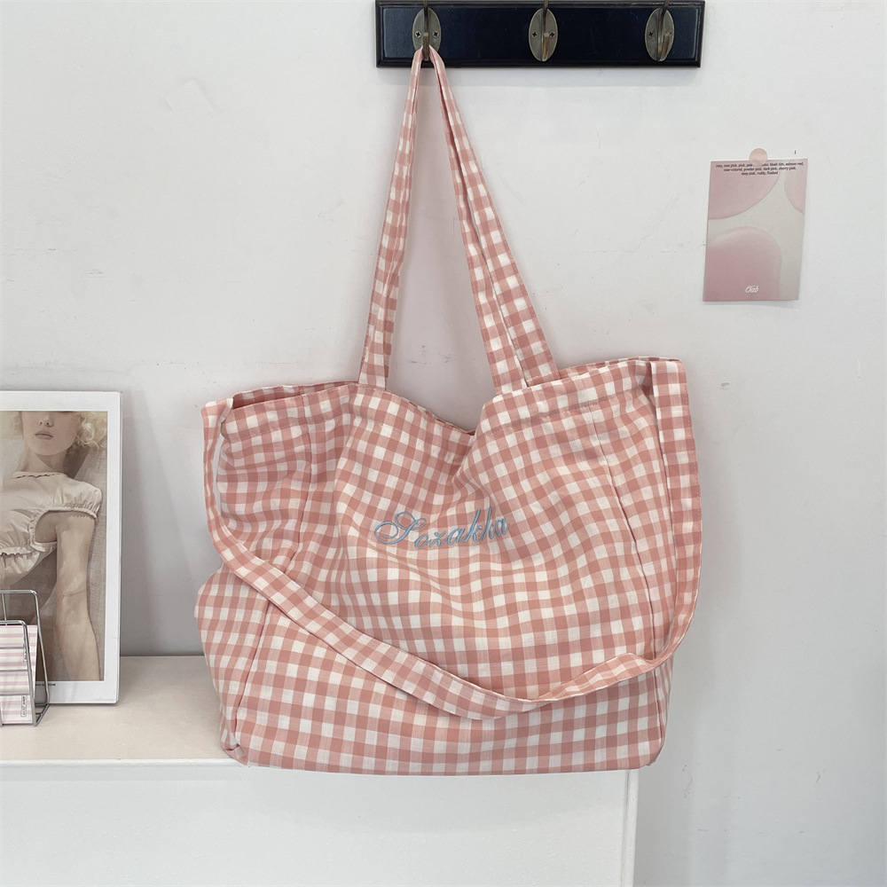 5494 Sweet Checkered Fabric Bag 2025 New Style laid-back large-capacity student class single-shoulder crossbody tote bag Specification drawing