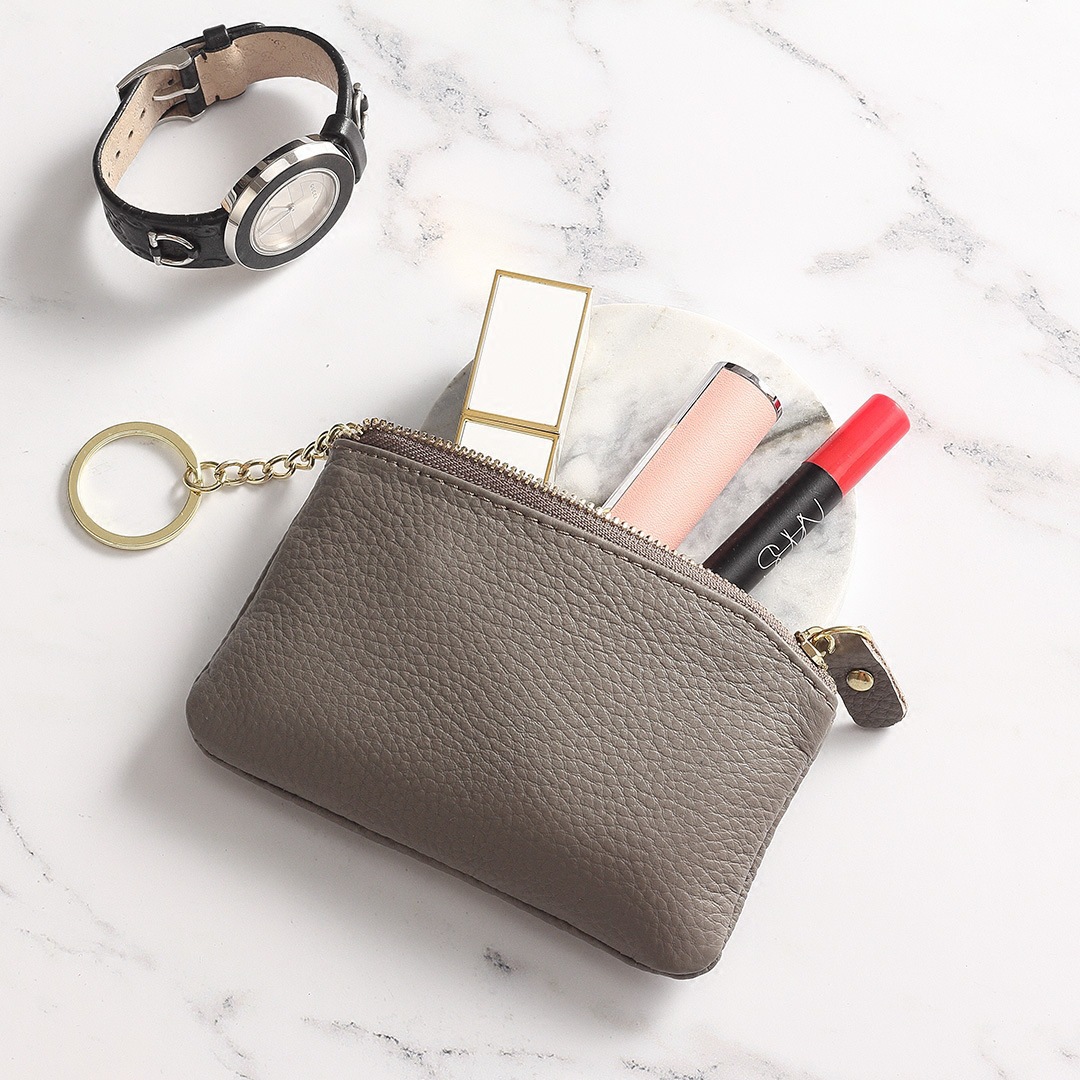 pu coin purse for girls, mini cowhide short double-zipper key, simple small wallet, small coin bag Specification drawing