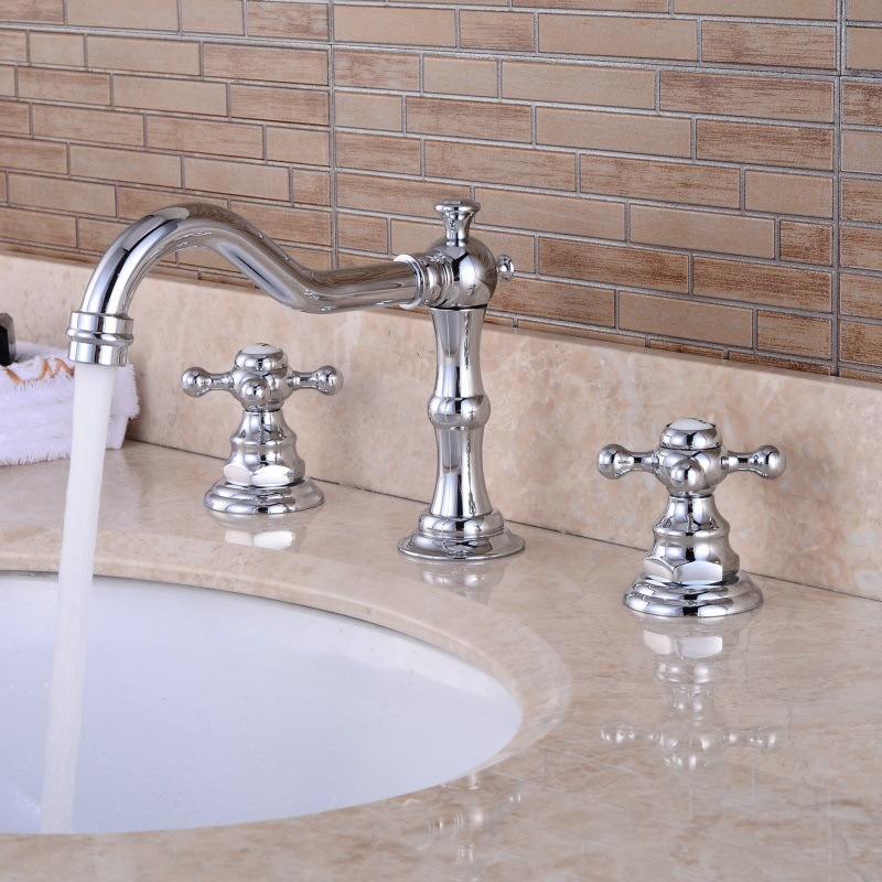European-style faucet, antique three-hole faucet, all-copper hot and cold 8-inch chrome-plated American countertop basin faucet, rotating details Picture