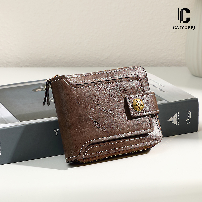 New Product 2025 Vintage Men's Short wallet, horizontal zipper multi-functional card bag, buckle coin purse, cross-border details Picture