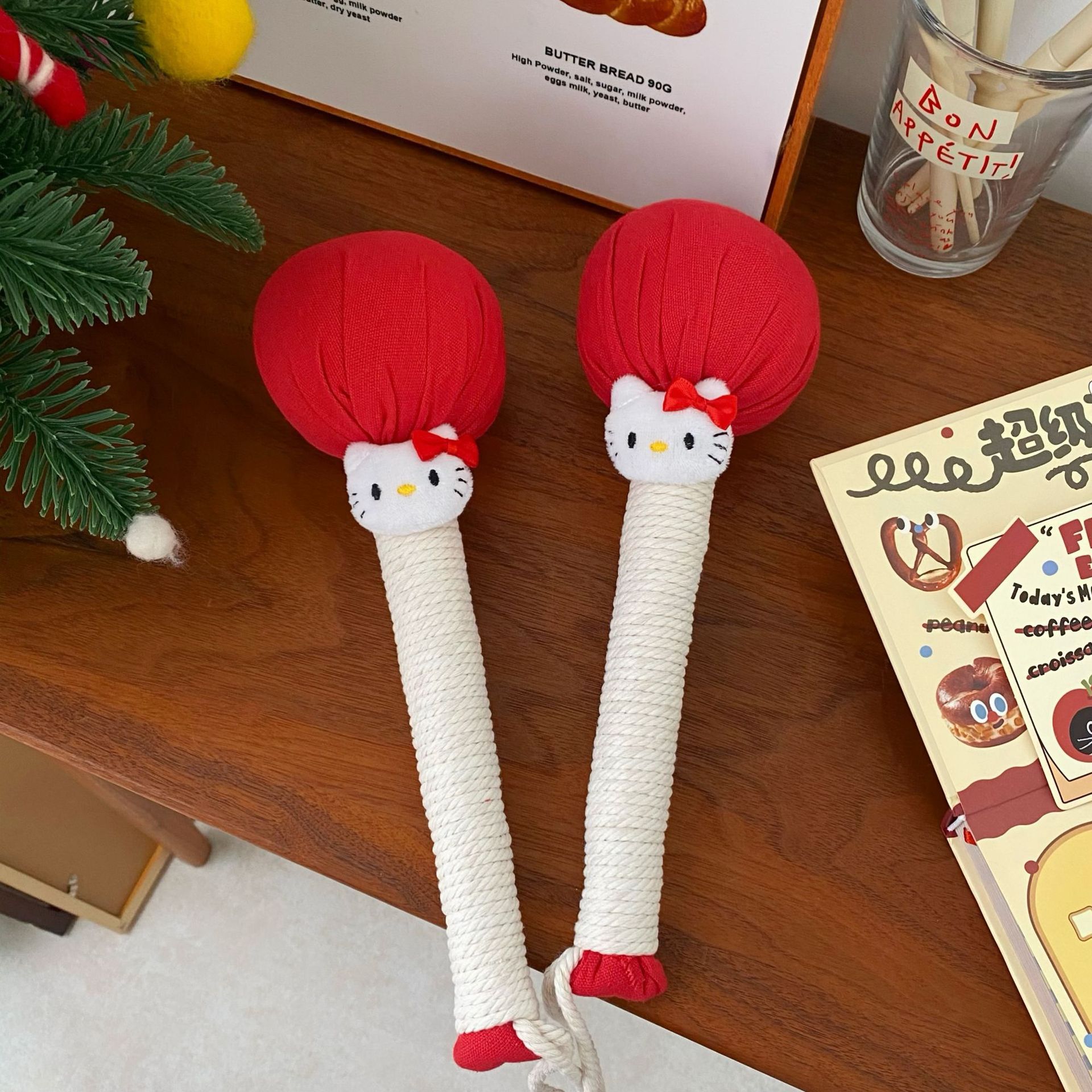 Festive red mugwort hammer, New Year cat pattern household handheld hammer, back massage hammer, leg joint tapping stick full figure