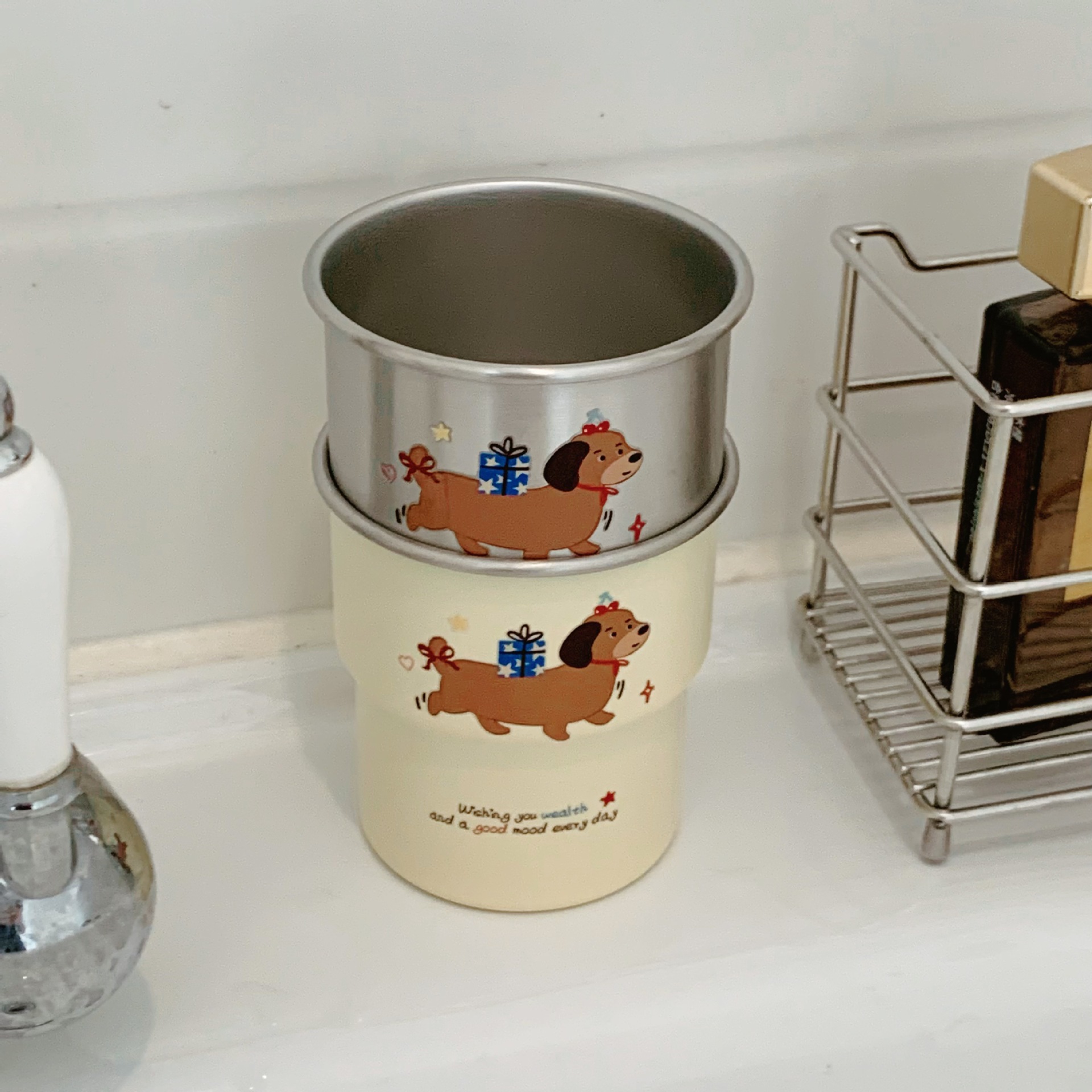Cute Dachshund washbasin cup, ins home, high appearance level, 304 portable stainless steel coffee cup for women, portable cup Specification drawing