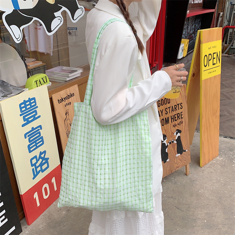 3693 Summer New Fairy Bag, yellow bubble checkered single-shoulder bag, Japanese-style fresh and light student cloth bag, thin style full figure