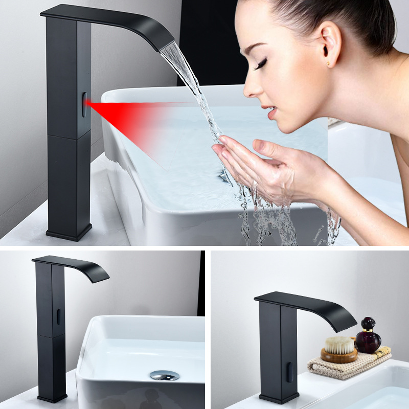 Black waterfall sensor faucet, intelligent fully automatic washbasin sensor faucet, single cold and hot hand wash, Nordic details Picture