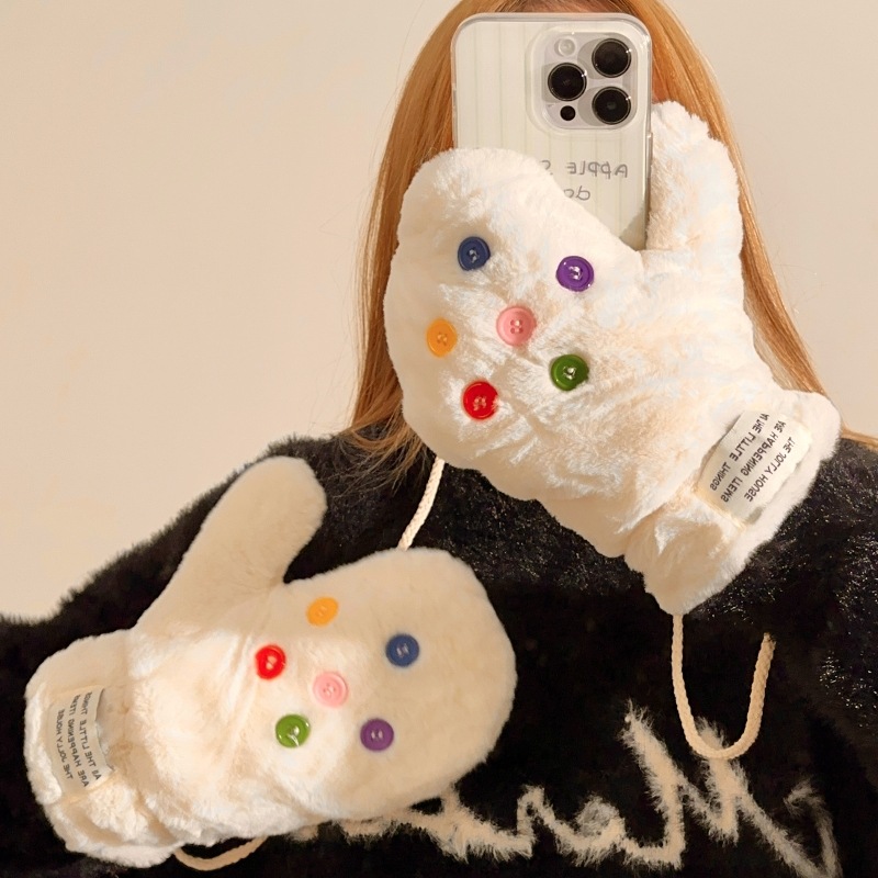 2024 Colorful button plush gloves for women's winter warmth, thick and fluffy gloves with fingers that can be worn around the neck full figure