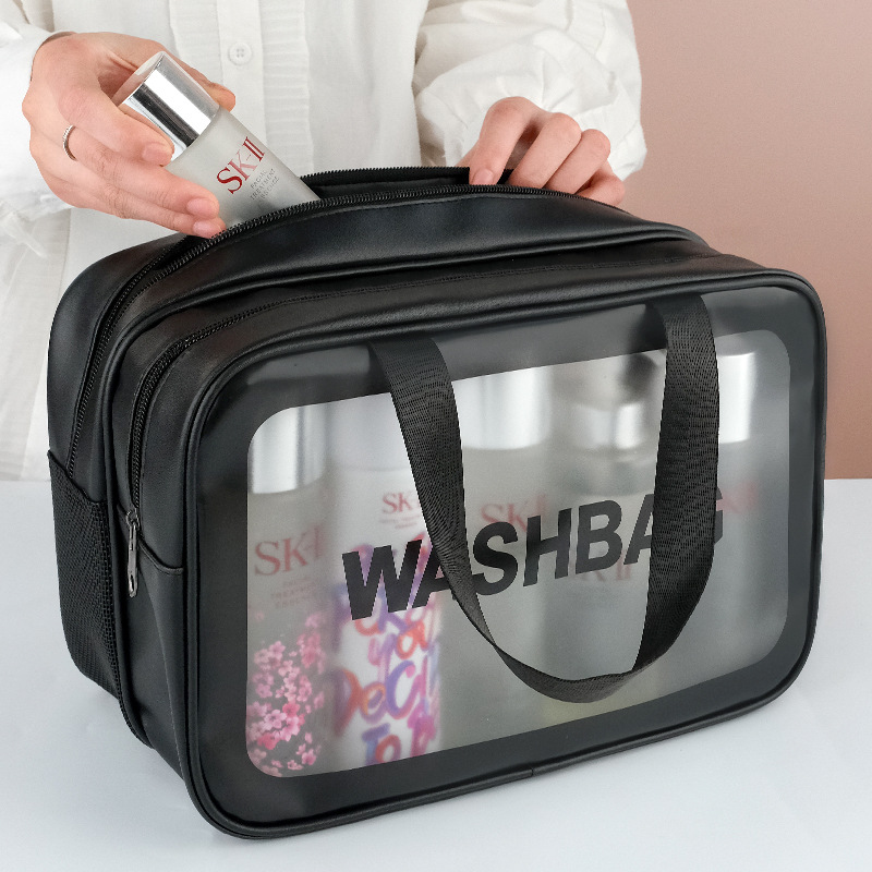 Customized new cosmetic storage bag, travel PU portable hand-held toiletry transparent cosmetic storage double-layer toiletry bag full figure