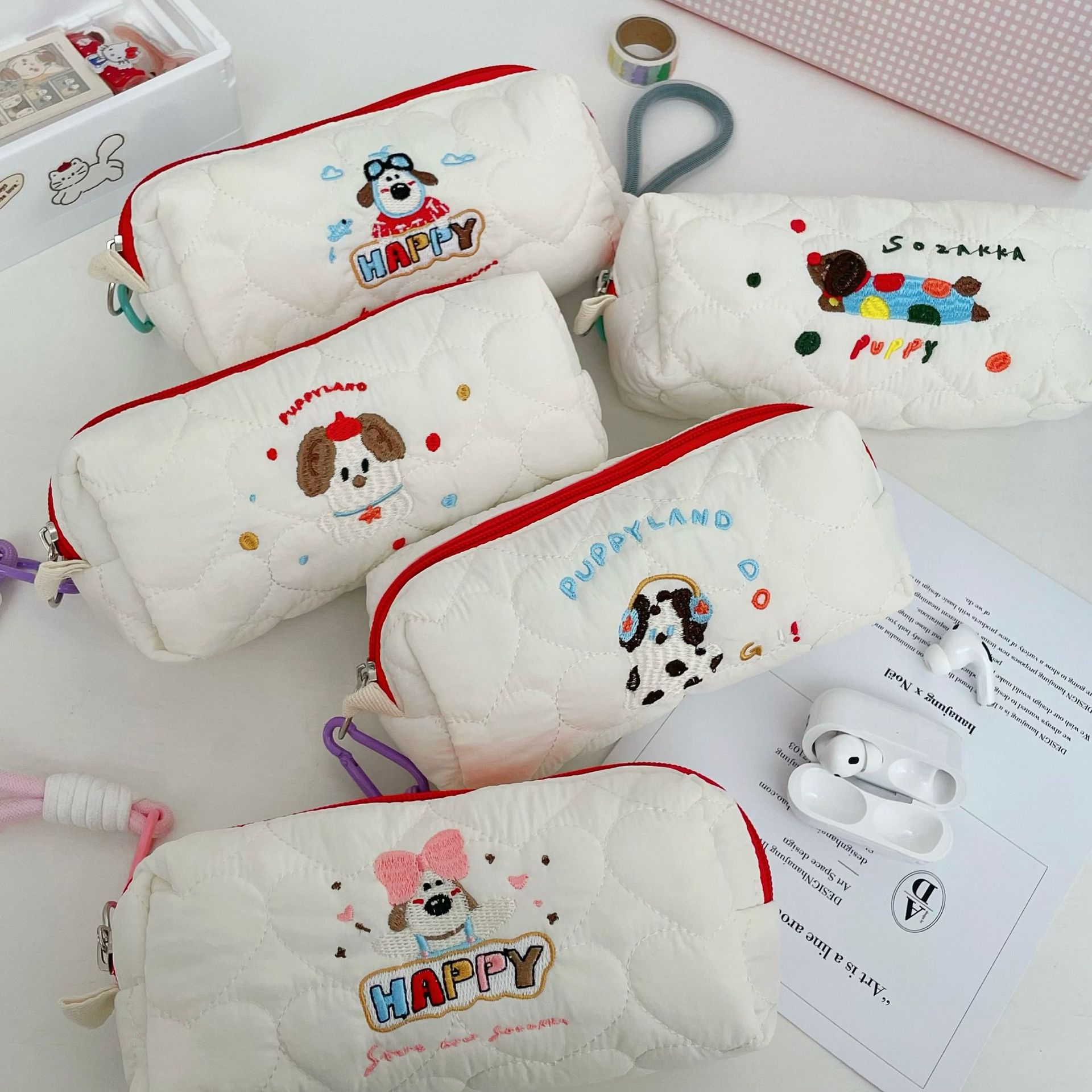 Cartoon embroidered puppy pen case, in an ins style with a high-end feel, large-capacity stationery box and miscellaneous storage bag for middle and high school students full figure