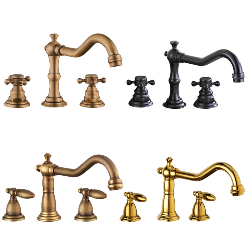 European-style brass double-handle split three-hole faucet washbasin, cold and hot water faucet, light luxury, golden washbasin, retro style Item Picture