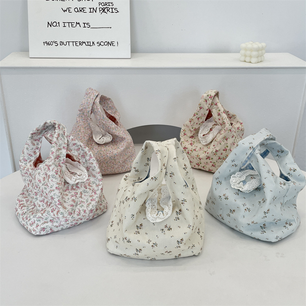 54171 Cute floral hand-held canvas bag, small handbag for office supplies, summer bag, Korean-style wrist bag for women full figure