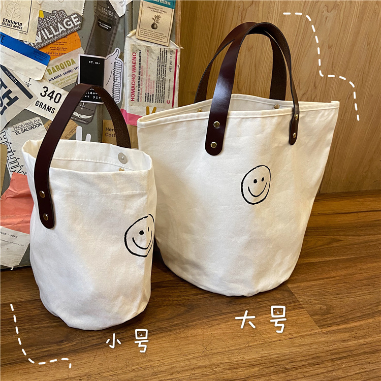 0542 ins French retro polka dot hand-held canvas bag, lunch box, hand-held bucket bag for women details Picture