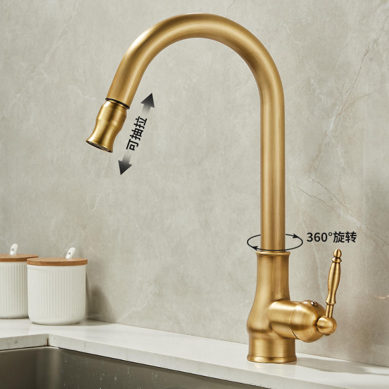 Kitchen pull-out hot and cold water faucets, washbasin, telescopic rotating sink, sink, splash-proof antique copper faucet Application Scenario