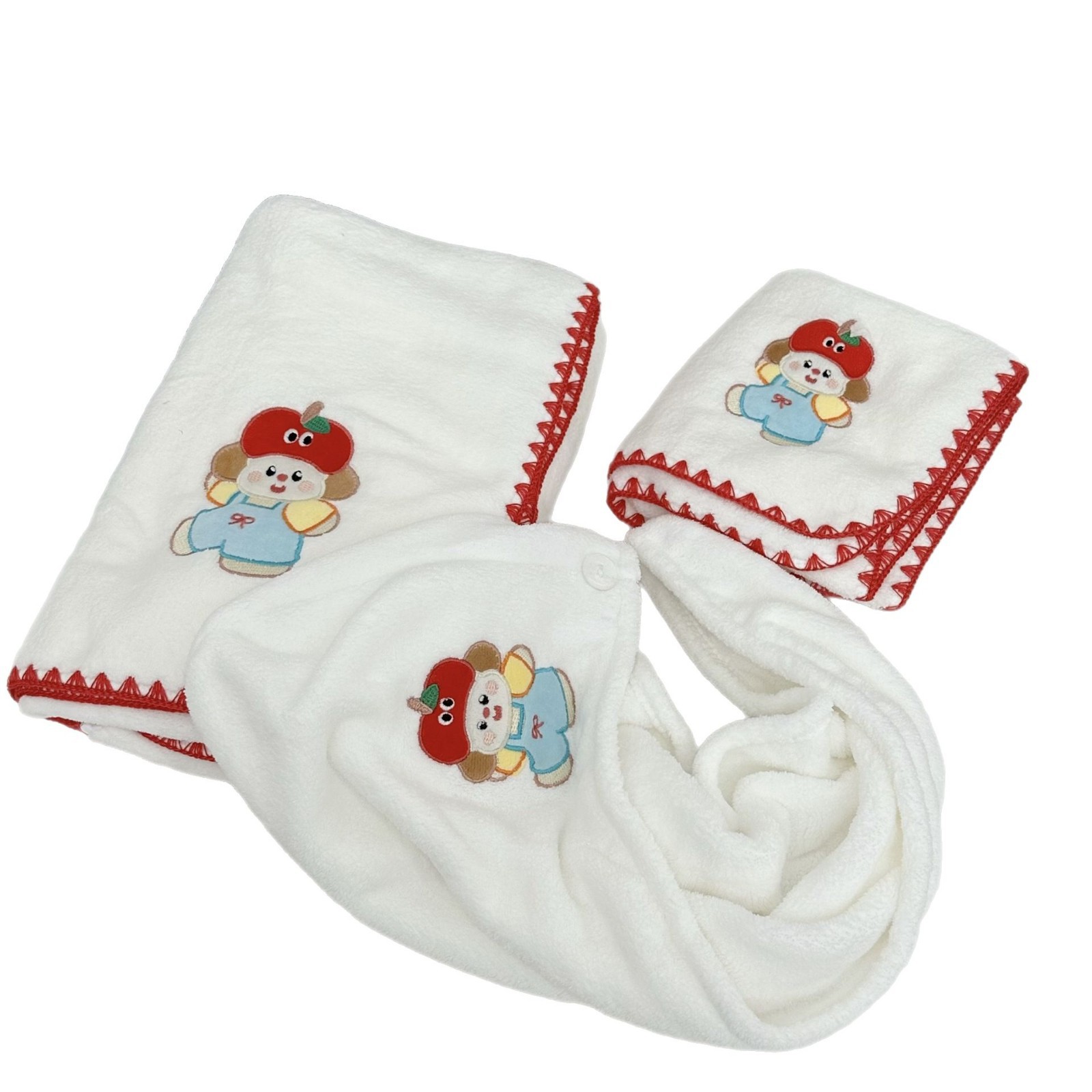 Cute apple bear coral fleece absorbent, thickened, soft, quick-drying adult bath towel, student dormitory three-piece set Item Picture