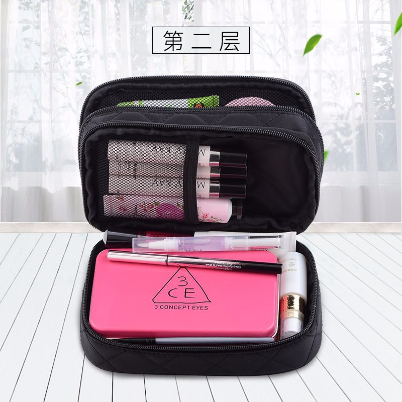 Korean-style makeup bag, portable large-capacity double-layer nylon waterproof hand-held cosmetics storage bag, travel makeup bag Specification drawing