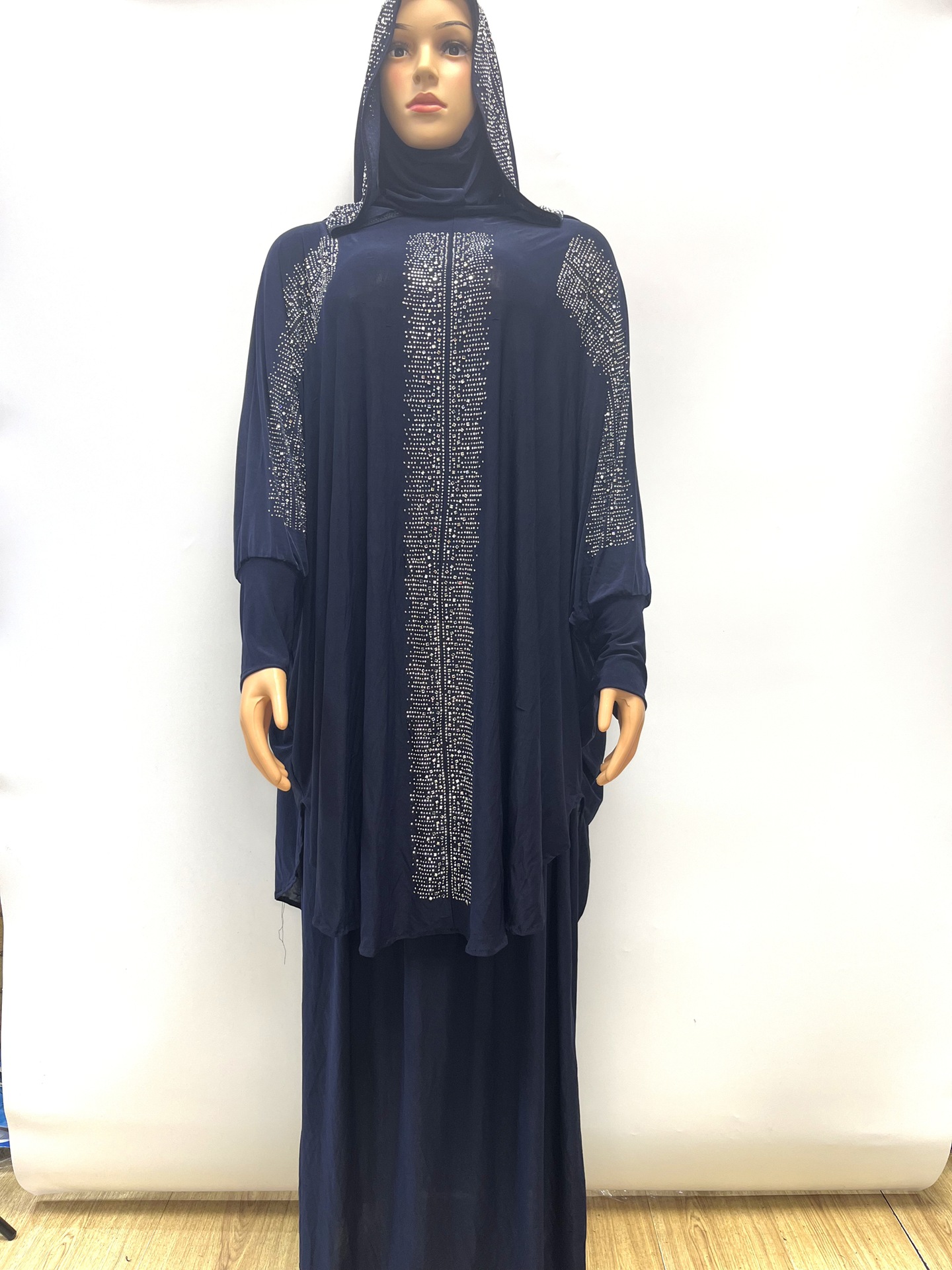 Manufacturer's cross-border large-sized African-style ice silk hot diamond double hat loose prayer dress, set skirt, Arab burqa, abaya long robe, women's hooded Muslim