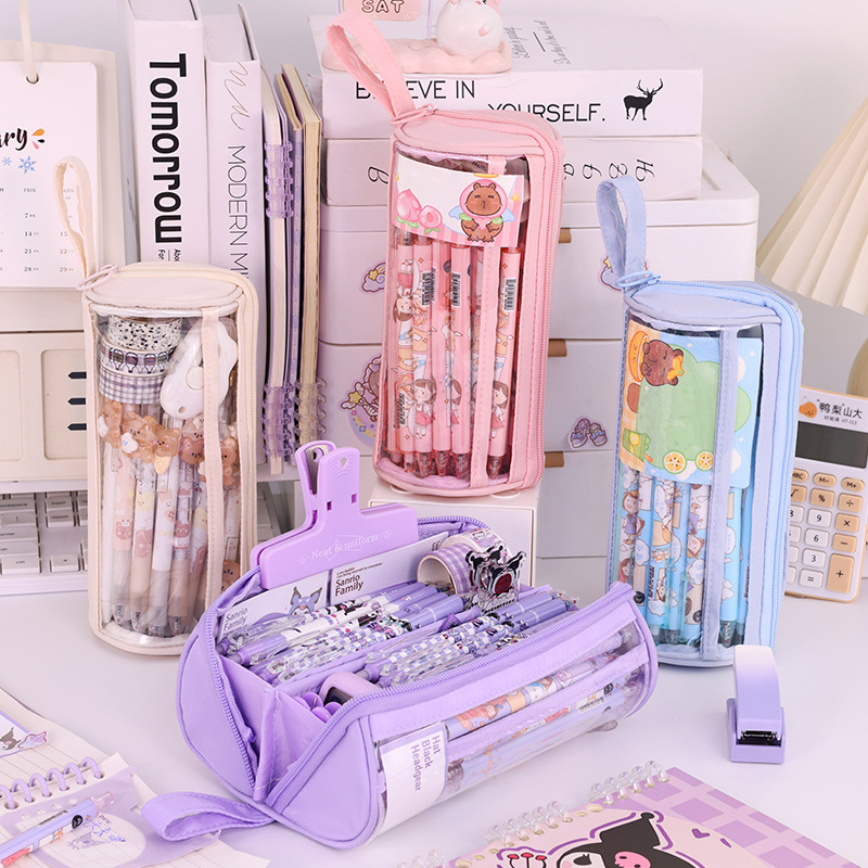 The school opening season features a cylindrical transparent pencil case with a high aesthetic level, a multi-functional pencil box for primary and secondary school students, and a large-capacity stationery box Specification drawing