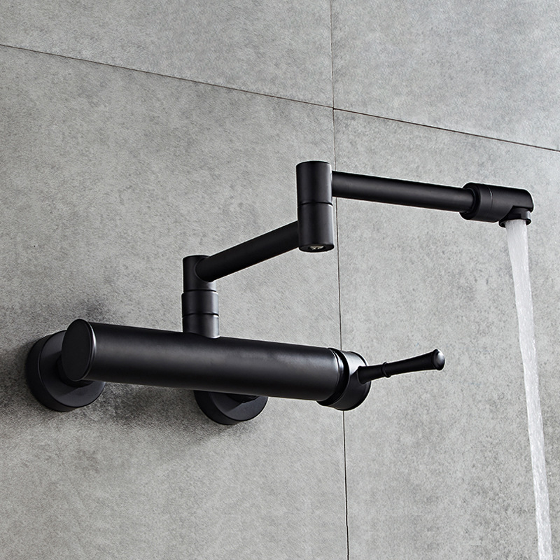 Brass wall-mounted double-hole foldable kitchen sink, sink, hot and cold water faucet, black lacquered mixed faucet full figure