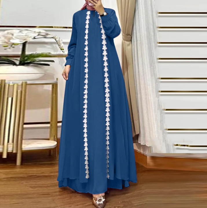 In-stock 2025 new style Middle Eastern Muslim fashion and elegance solid color loose long-sleeved lace cardigan robe dress pic 4