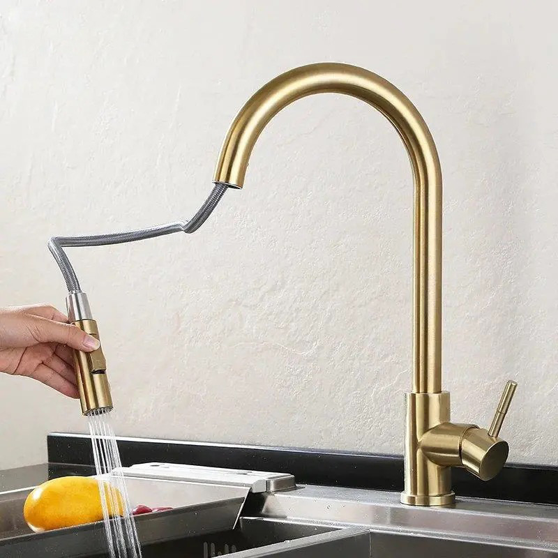 Cross-border black pull-out universal faucet, 304 stainless steel cold and hot sink, golden telescopic kitchen faucet details Picture