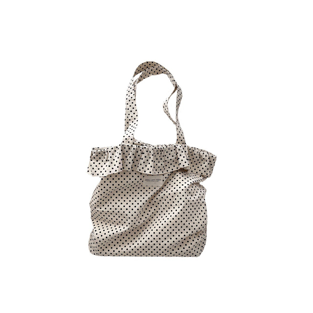 46191 Korean ins polka dot lace canvas bag, women's single-shoulder large-capacity tote bag, student commuting bag for class Item Picture