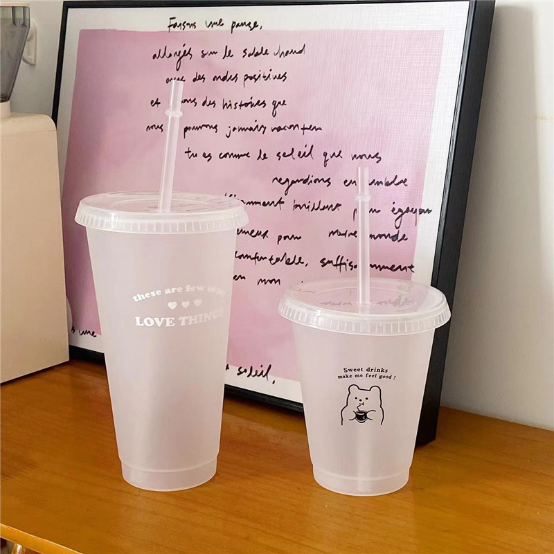 Non-disposable original English letter bear plastic straw cup, girlish heart water cup, portable coffee cup, juice cup full figure