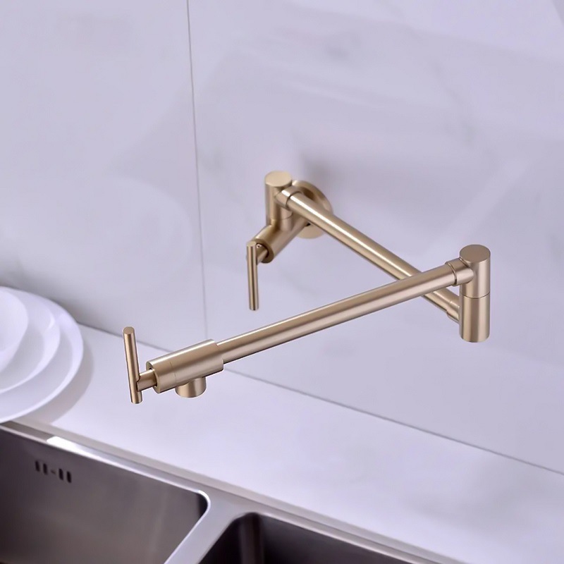 Hot golden 304 stainless steel extended kitchen folding faucet, universal rotating single cooling wall-mounted faucet for foreign trade details Picture