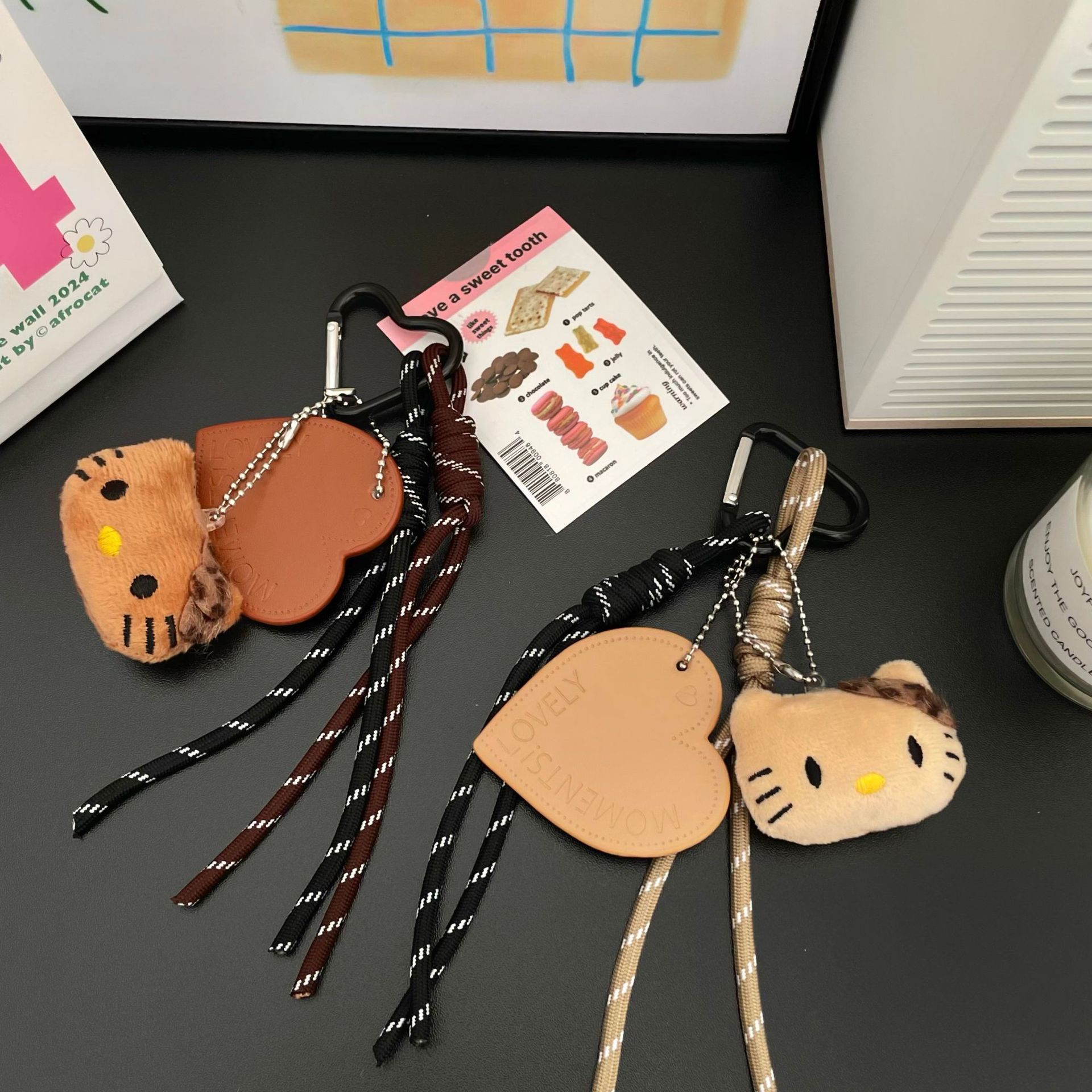 Girlish cartoon black leather cat pendant, cute Instagram bag, mobile phone chain, diy pendant, hanging decoration, keychain, hanging rope full figure