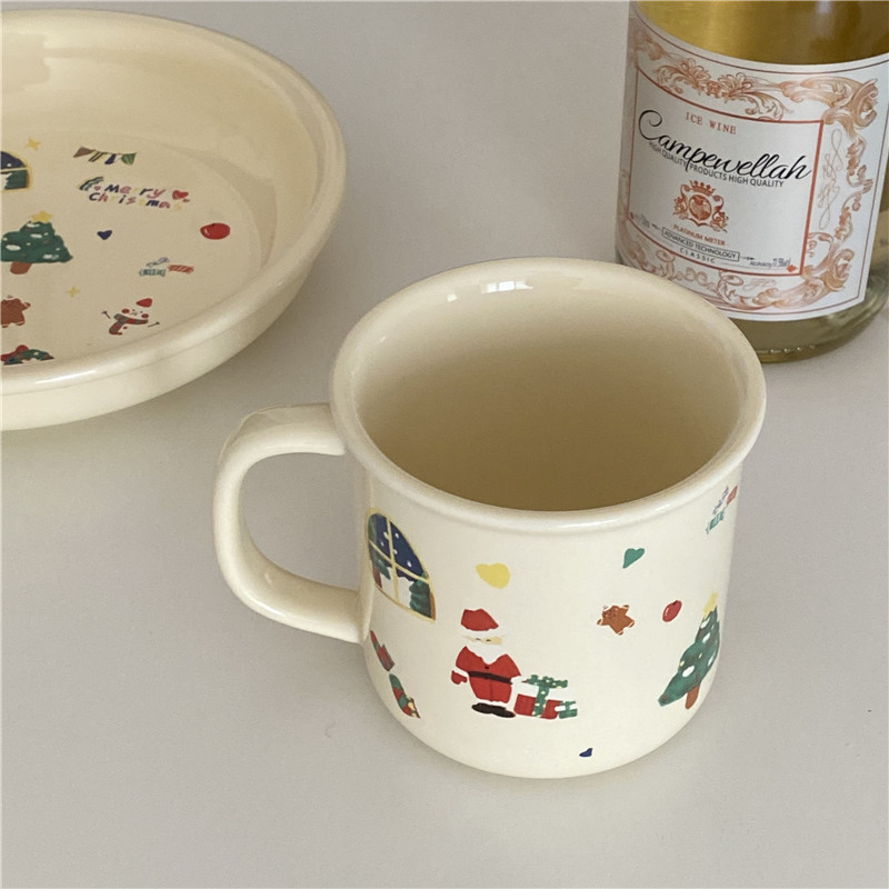 Christmas limited edition! Cute cream graffiti Christmas ceramic cup dessert plate set mug Christmas decoration gift Specification drawing