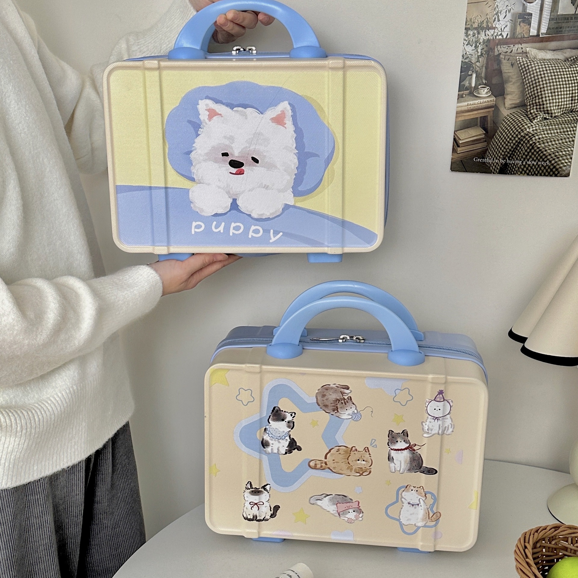Cartoon carry-on suitcase, makeup bag, women's storage travel case, 14-inch mini collapsible handle, company gift customization Specification drawing