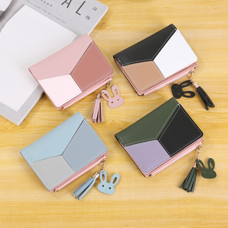 Korean version 2019 new PU short three-color contrasting leather coin purse wallet women details Picture