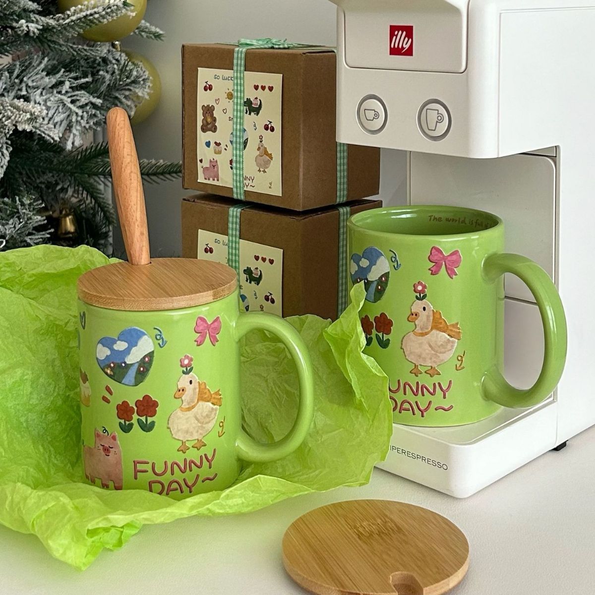 Cartoon graffiti ceramic cup, Korean-style ins cute and fun breakfast cup, coffee cup, large-capacity mug, gift box set Specification drawing