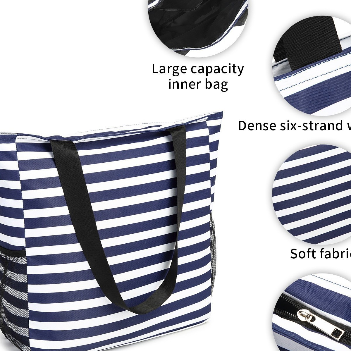 Waterproof beach handbag for ladies and girls with zipper, foldable sandproof swimming pool bag for travel and fitness Specification drawing