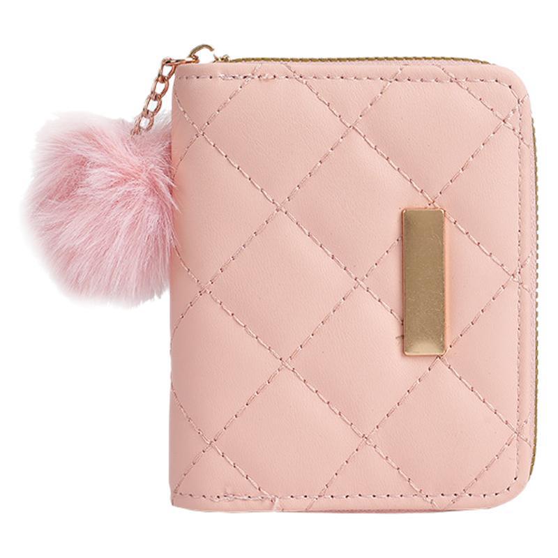 Ladies' short small wallet 2024 New style diamond-patterned embroidered iron sheet with hairball hanging coin purse card case, casual foreign trade bag Item Picture