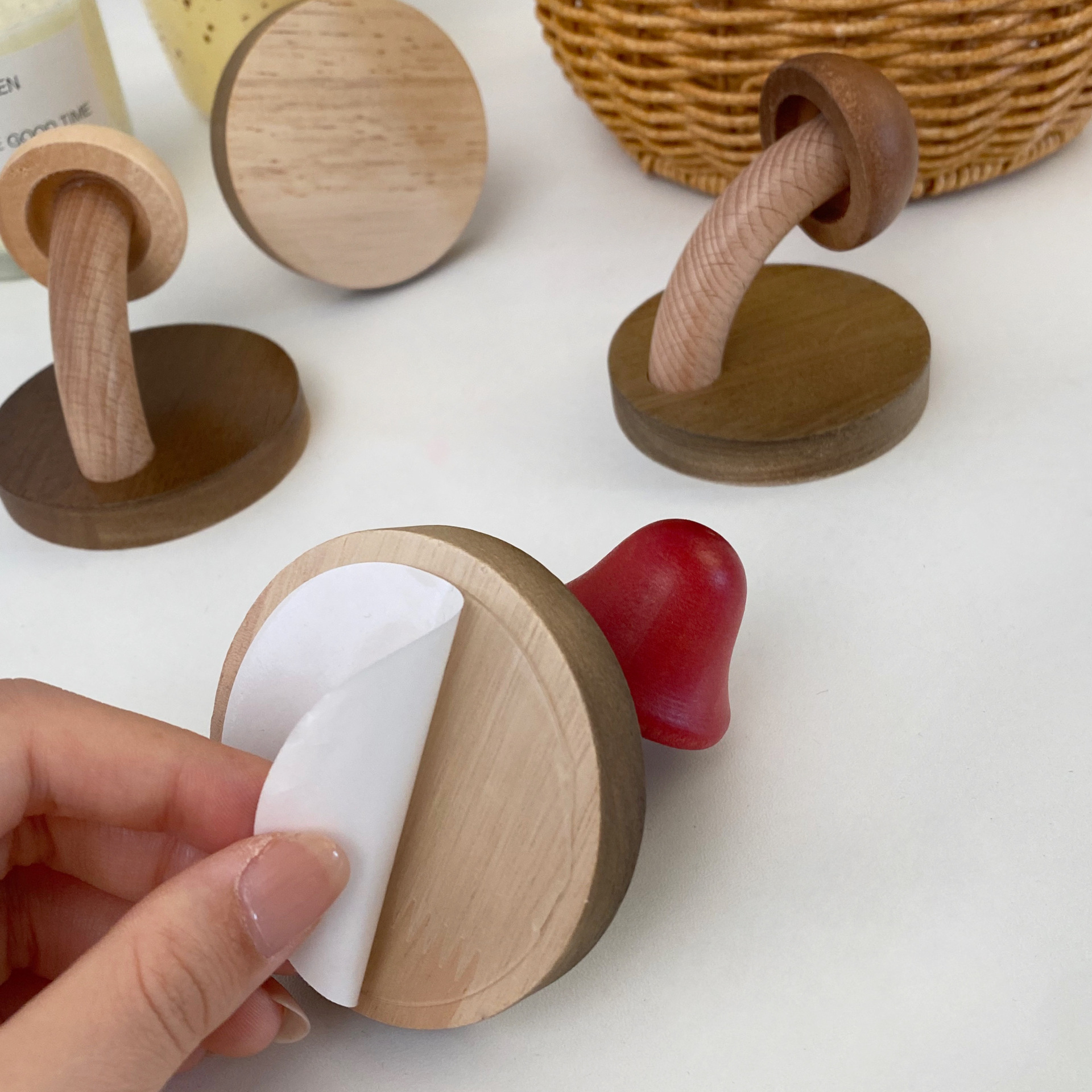 Cute mushroom solid wood hooks, creative high appearance level, wall-mounted door without drilling, coat hooks, hat hooks, mysterious and sticky hooks Application Scenario