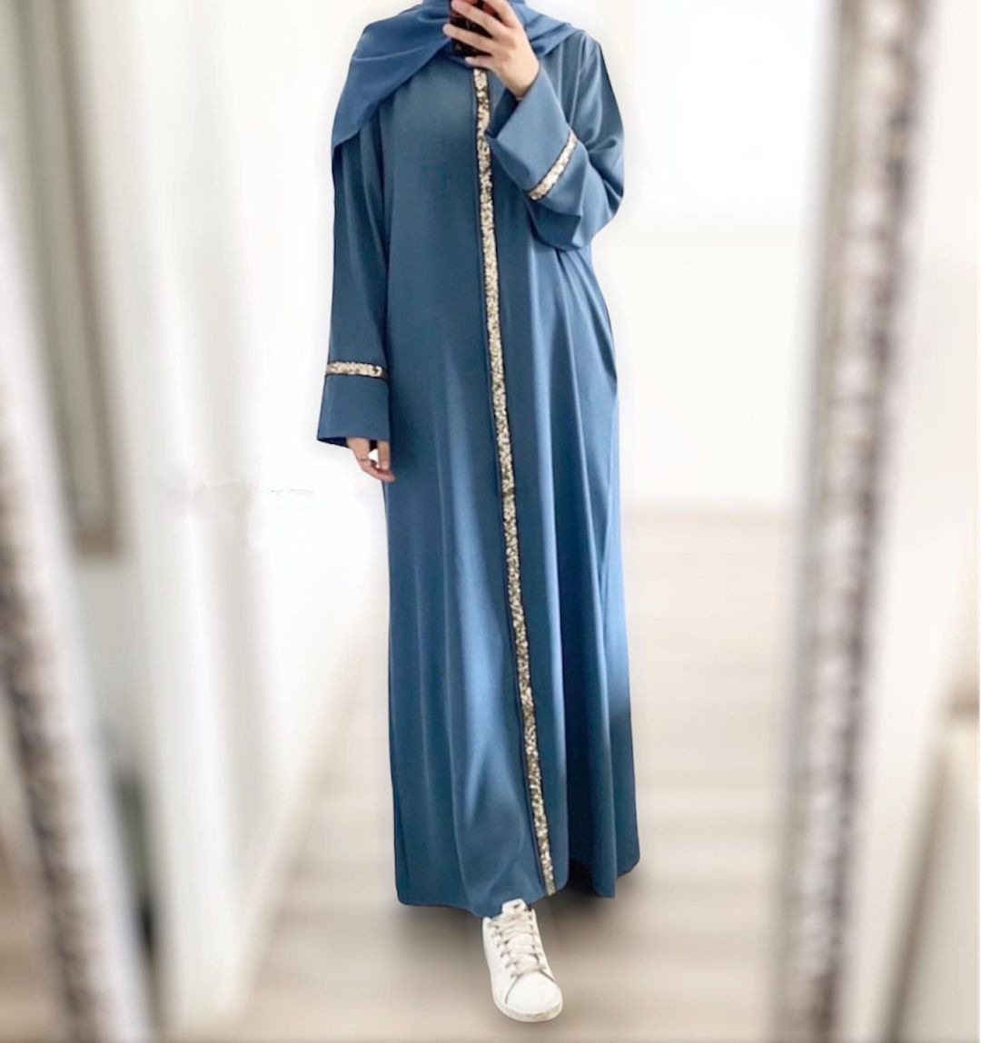 New Southeast Asian cross-border Muslim women's robe patchwork sequined dress solid color Middle Eastern robe abaya women's robe hooded Muslim details Picture