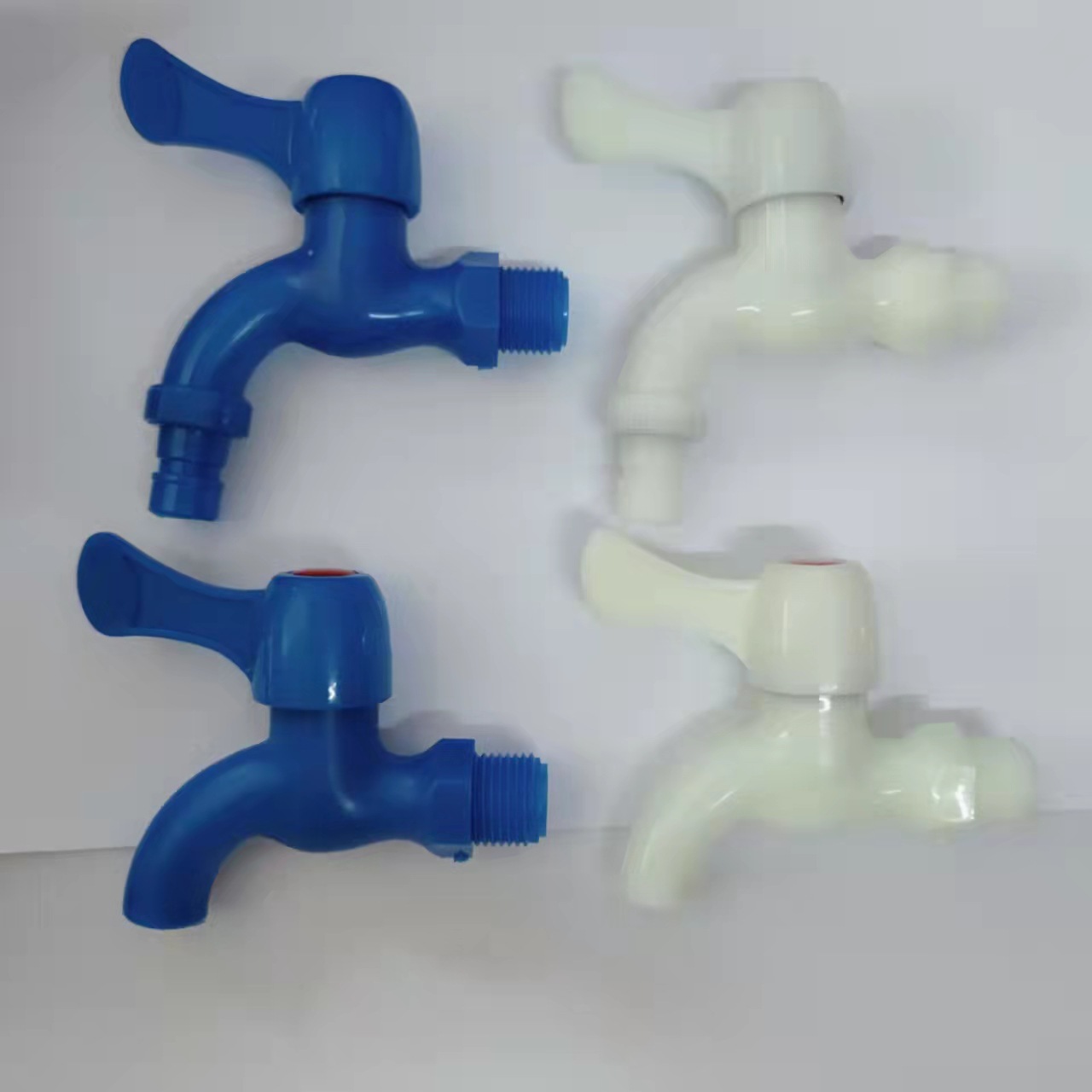 Plastic faucet, blue and beige, engineering export faucet, ceramic core, public place, outdoor, 4 points full figure