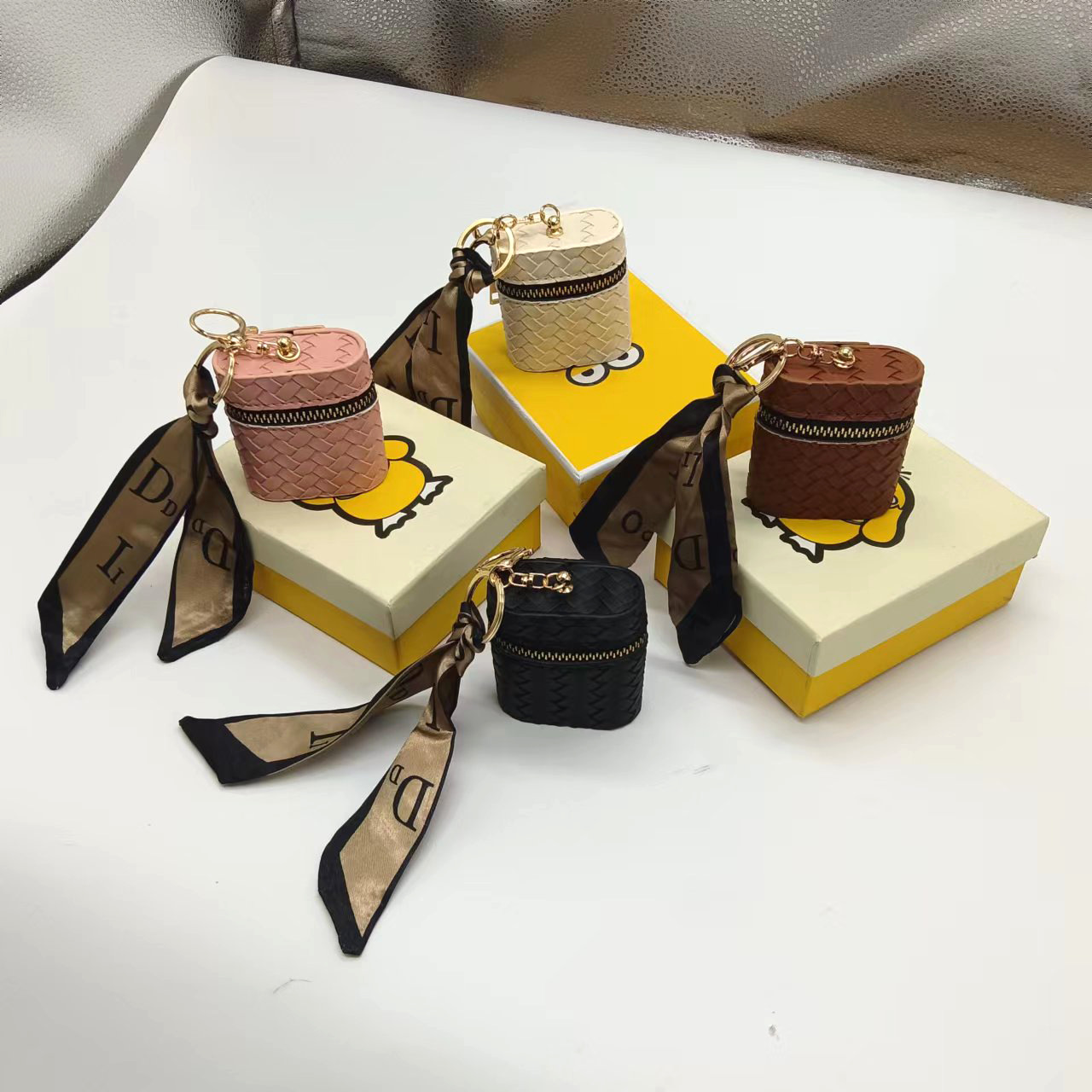 2024 New leather litchi pattern coin purse keychain mini portable mouth red envelope storage wireless earphone protection full figure