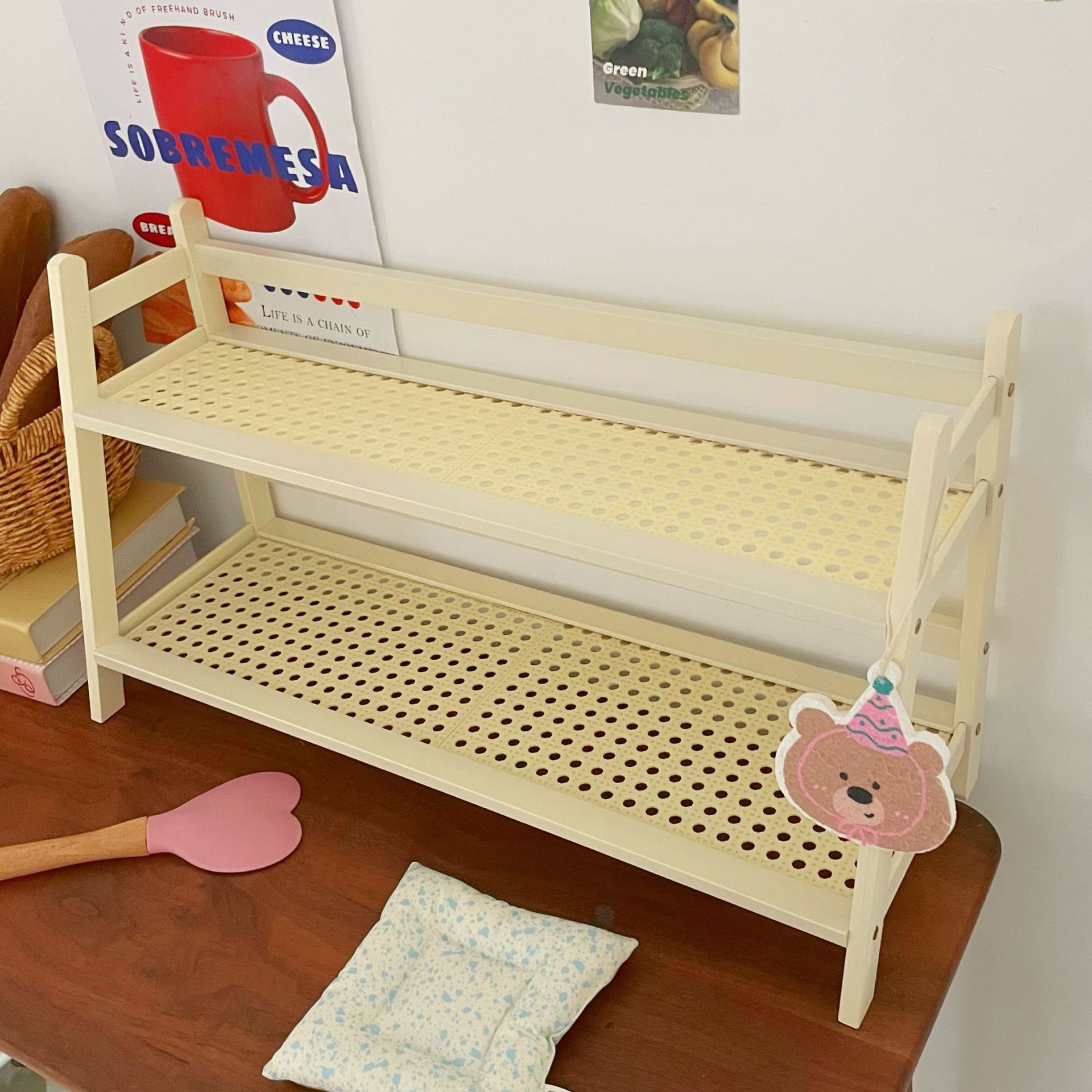Double-layer desktop storage rack, Ins-style student dormitory bookshelf, enlarged cup holder for bedroom, office and kitchen, organizing and storing Specification drawing