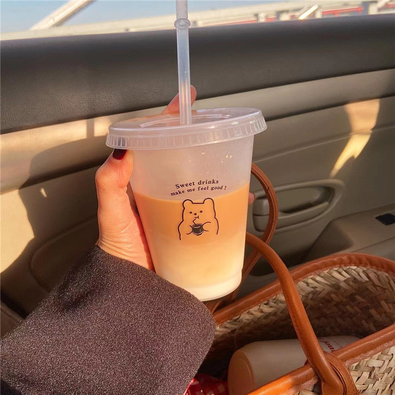 Non-disposable original English letter bear plastic straw cup, girlish heart water cup, portable coffee cup, juice cup Specification drawing