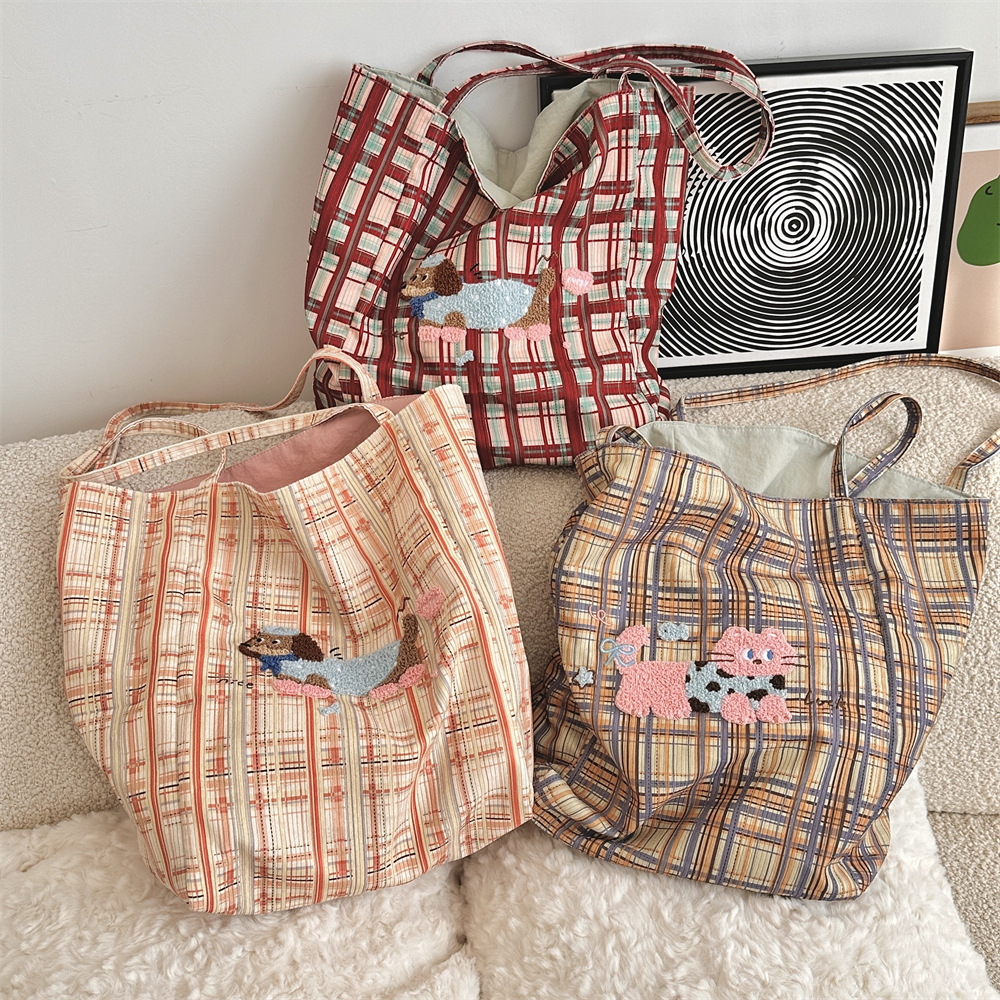 41061 Korean style InS-style retro checkered tote bag 2024 Canvas bag large capacity student class shoulder bag full figure