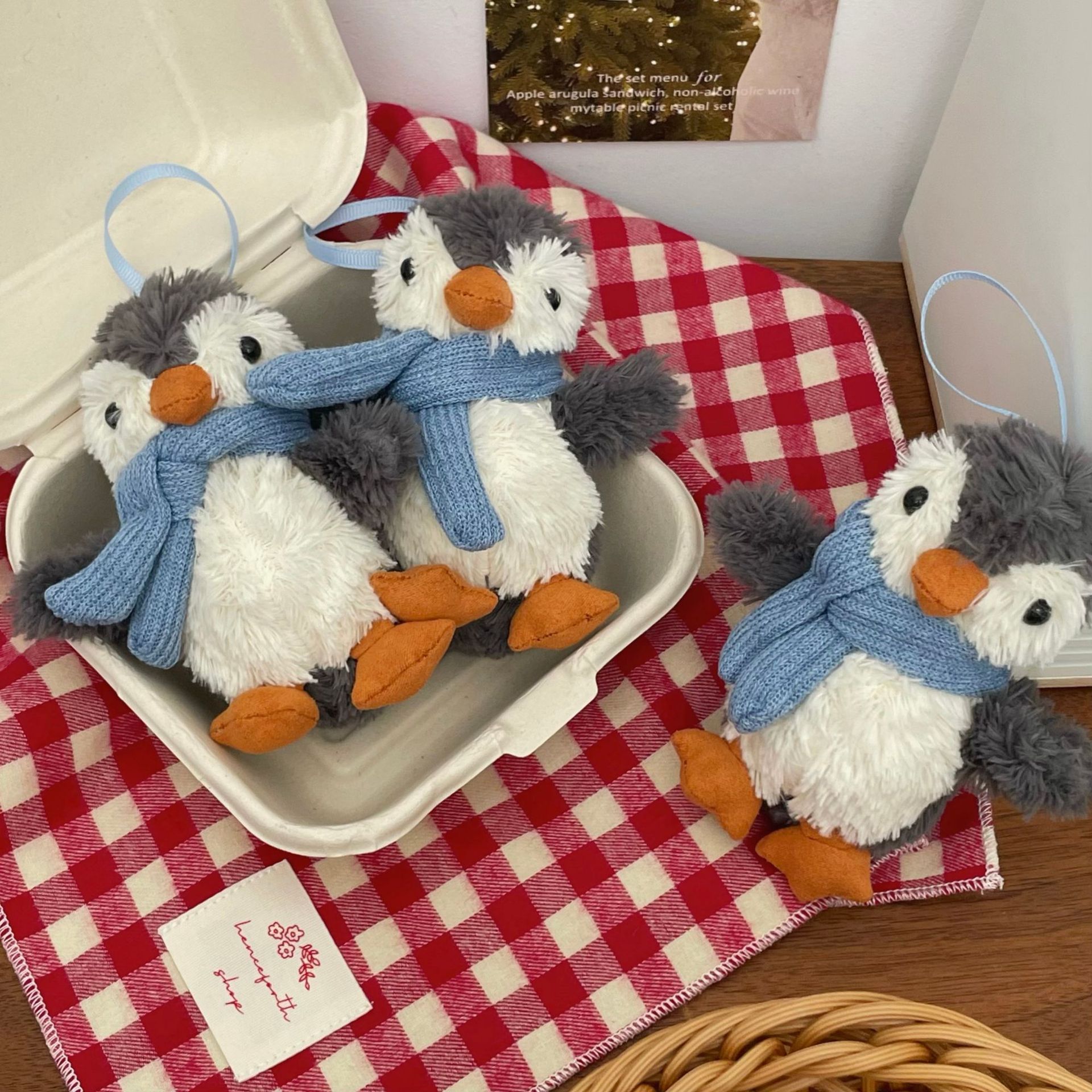 Cute blue scarf little penguin pendant, ins creative plush penguin keychain bag pendant, decorative gift details Picture