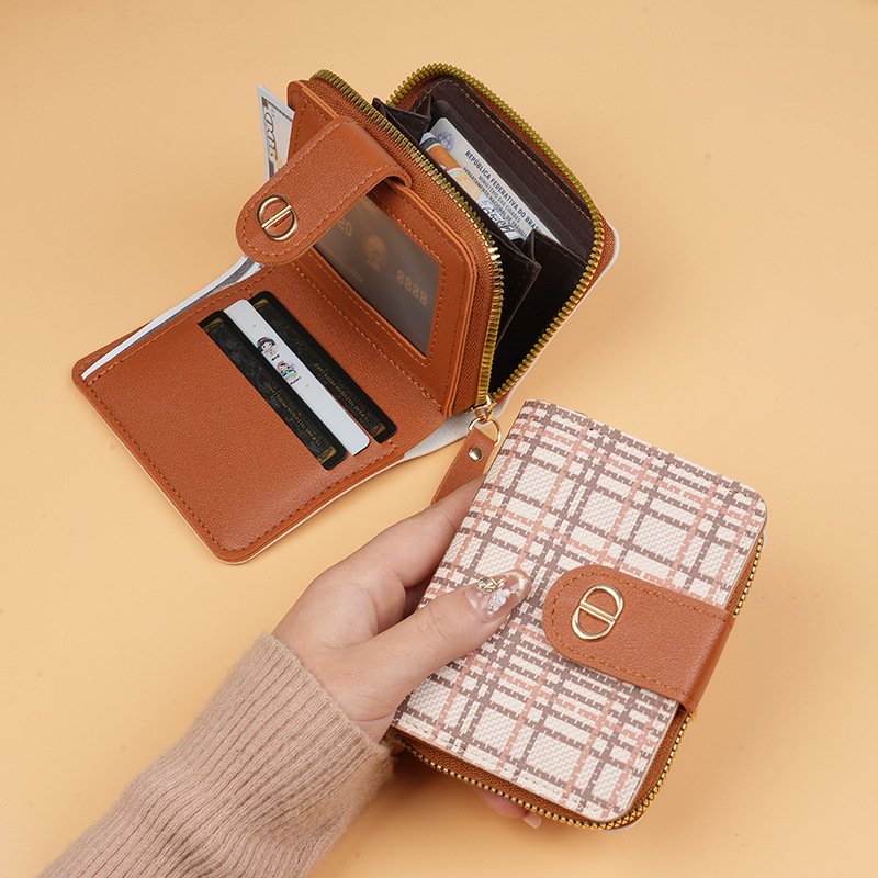 A new light luxury small wallet for women, short buckle, checkered canvas, multi-position anti-demagnetization, large-capacity high-end wallet Specification drawing