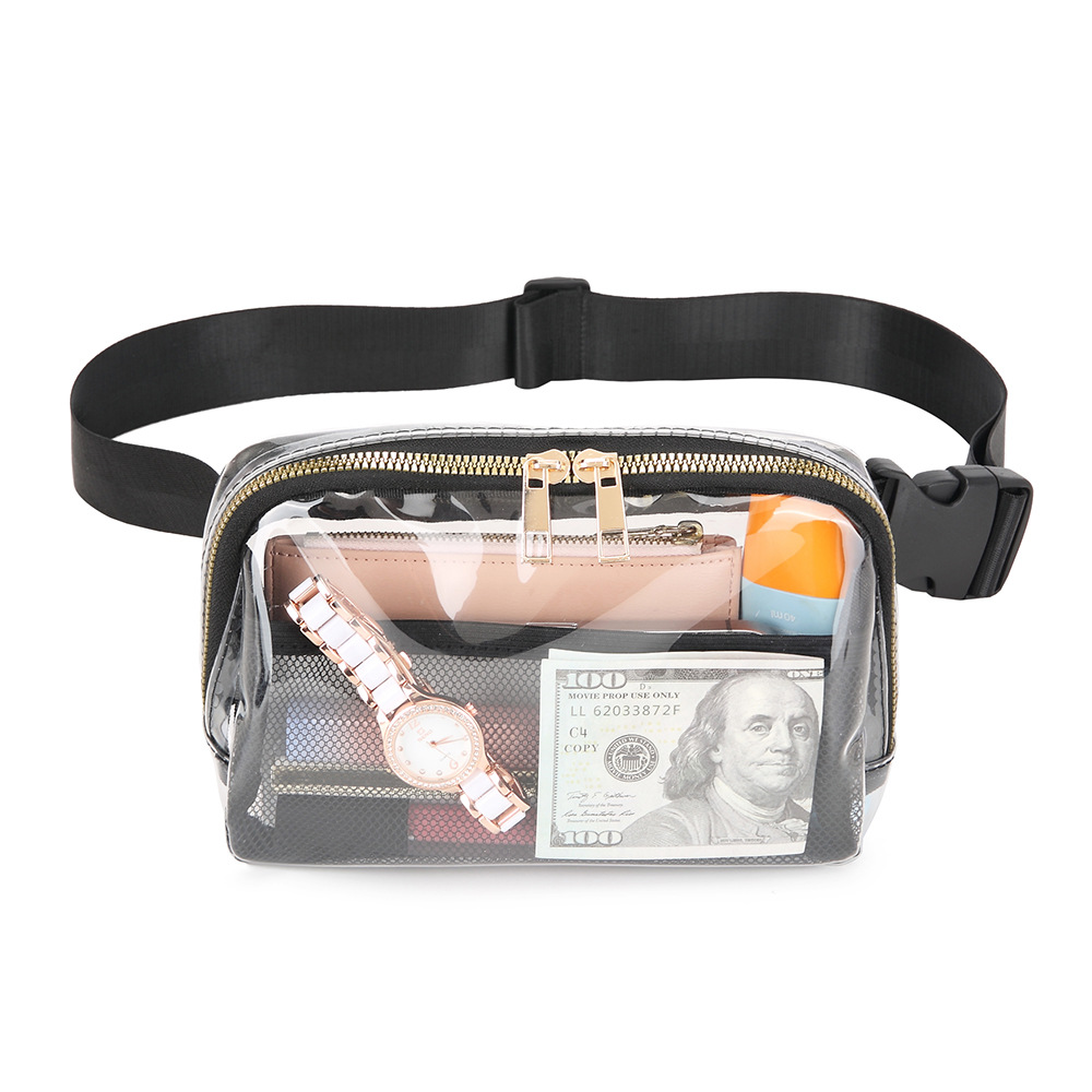 The new lulu bag features a waterproof TPU waist bag, an outdoor casual transparent wallet, and a pvc adjustable storage crossbody bag Specification drawing