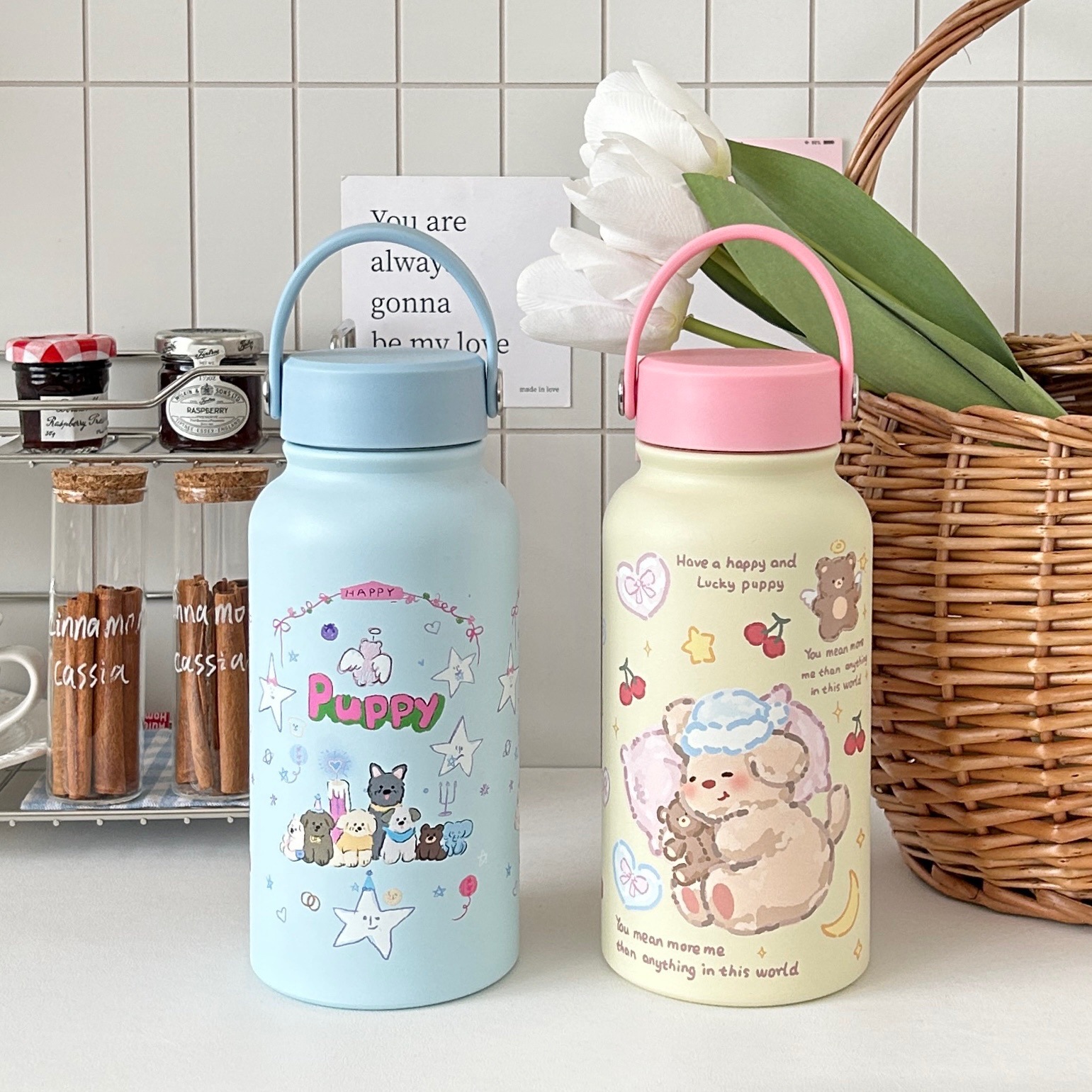 Cute cartoon insulated cup for women, 2024 new large-capacity hand-held cup, stainless steel water cup, portable water bottle details Picture