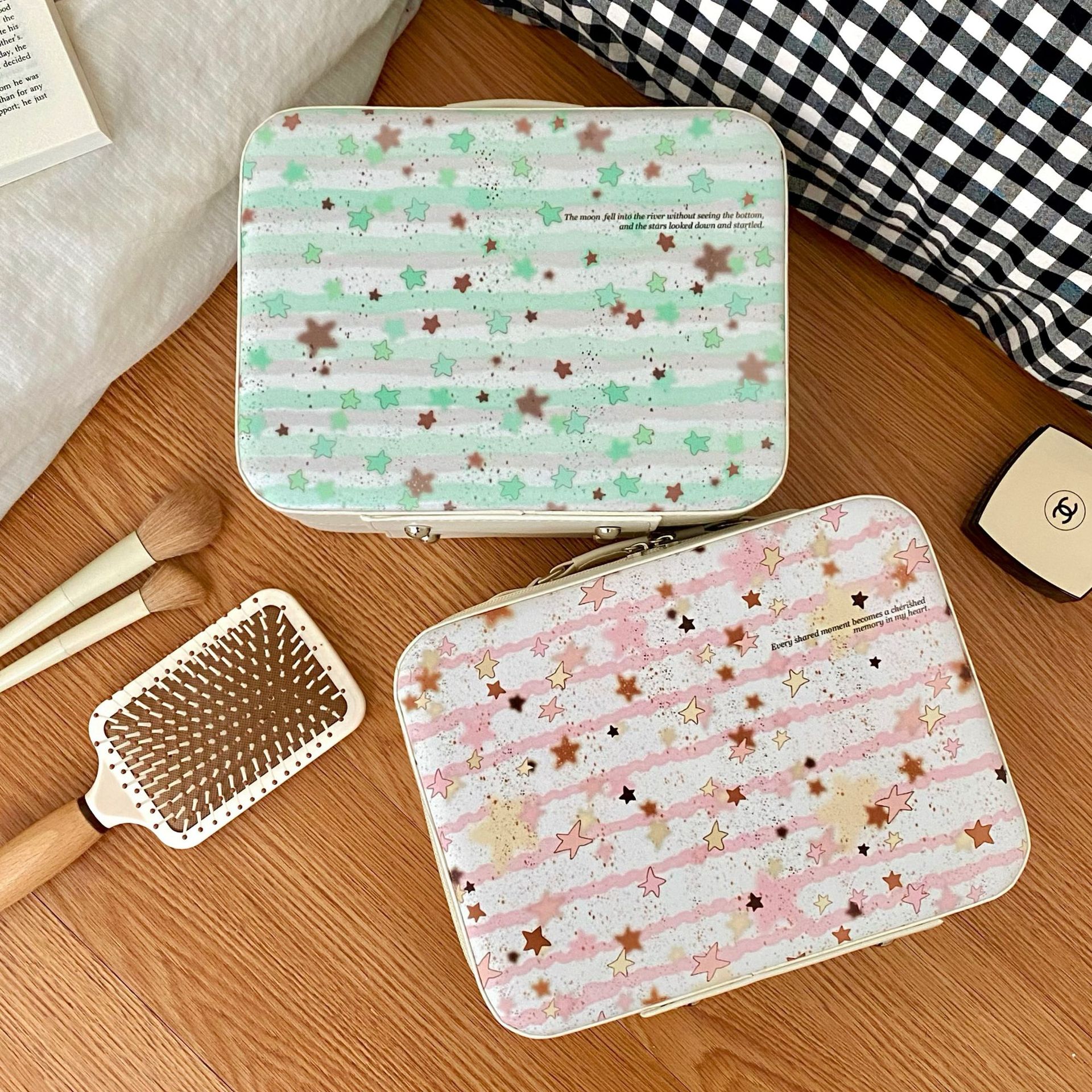 Original color star makeup box, portable with mirror, business trip makeup bag, women's pu leather storage suitcase full figure